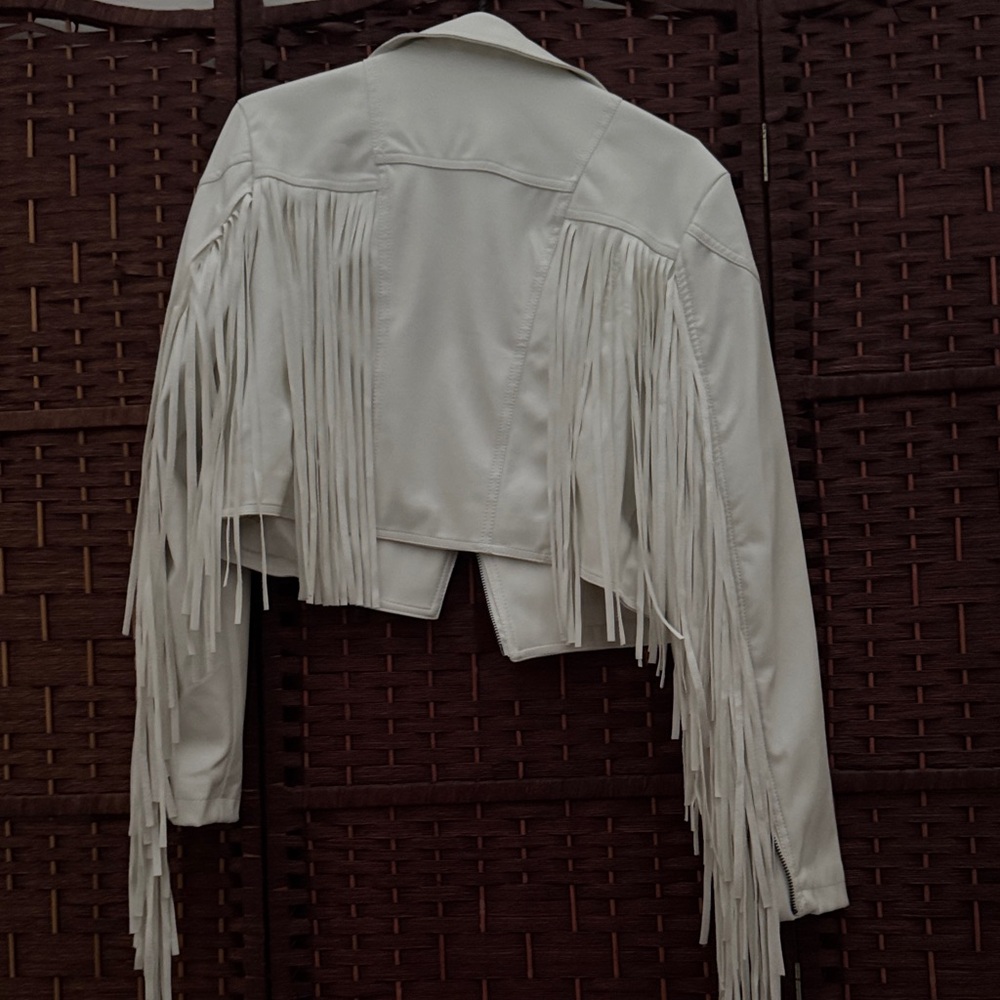 Faux Leather Fringe White Moto Jacket - M - Picture 16 of 16